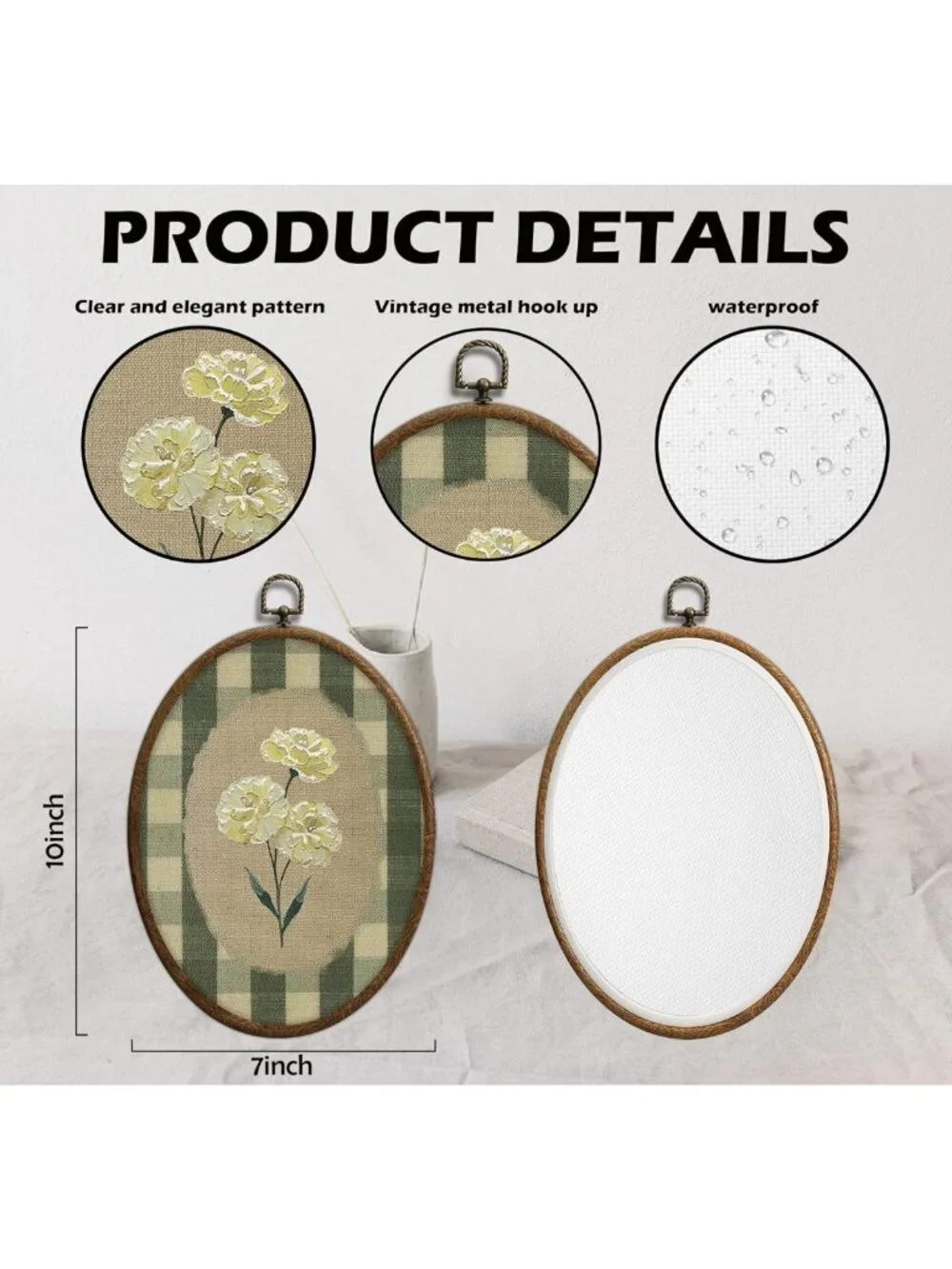 Botanical Flower Oval Wall Art - Green Gingham Cottage Decor for Farmhouse